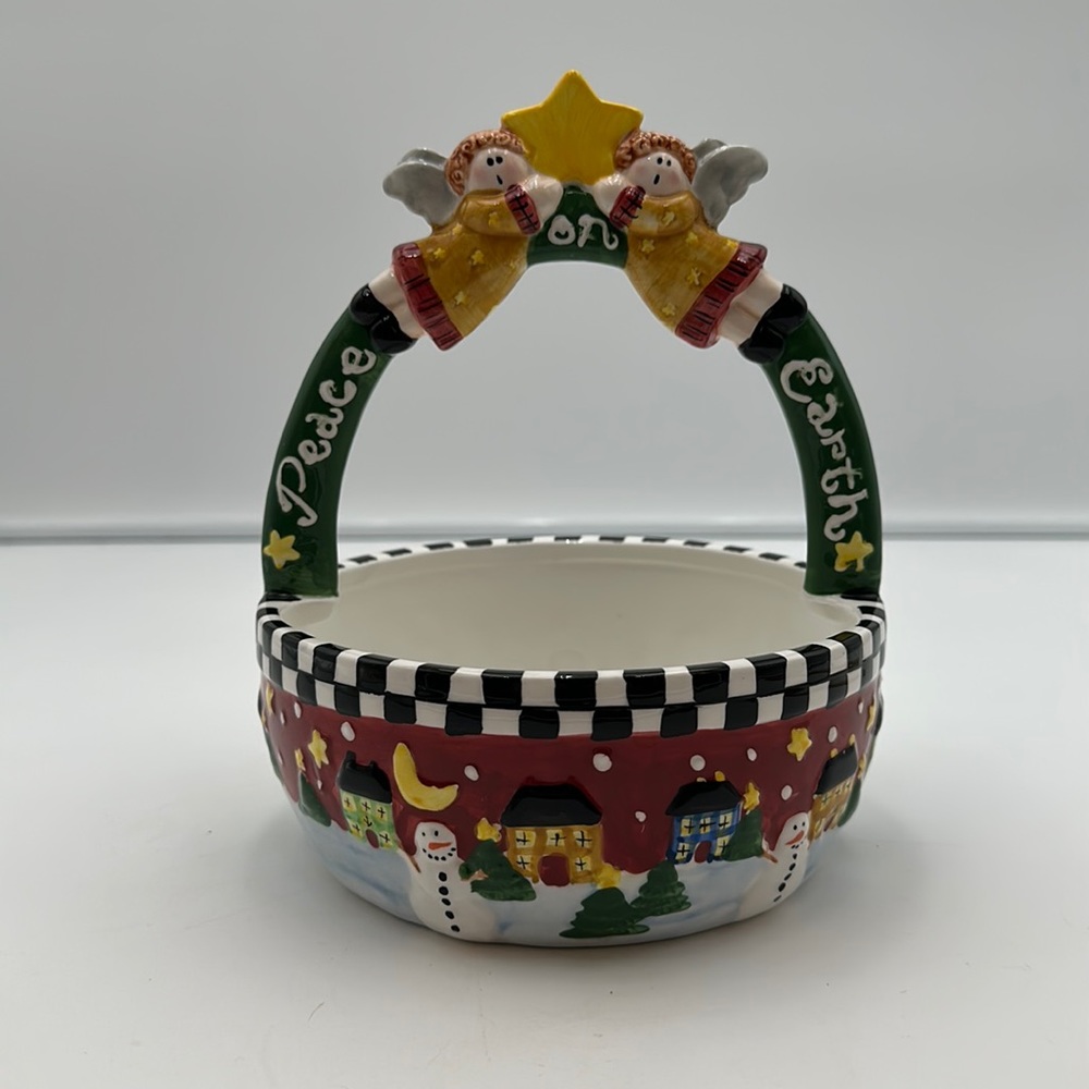 Ceramic Christmas Angel Basket Bowl Winter Scene Peace on Earth Palm Tree Co